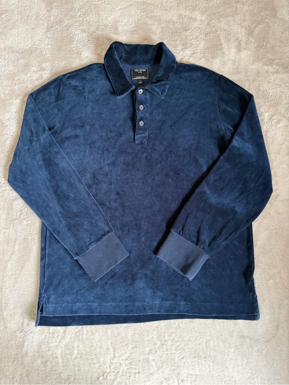 Todd Snyder Velour Polo Shirt Mens Large Navy Blue Long Sleeve Collared Casual